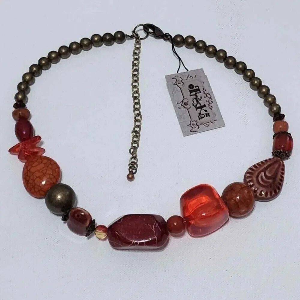 Treska Womens Chunky Beaded Statement Necklace Orange Red Bronze Earthy Boho NWT